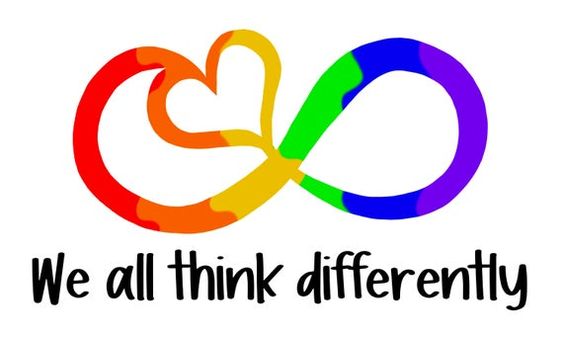 Neurodivergent rainbow infinity symbol with a heart and the phrase "We all think differently"