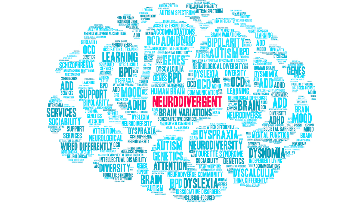 Neurodivergent word cloud shaped like a brain